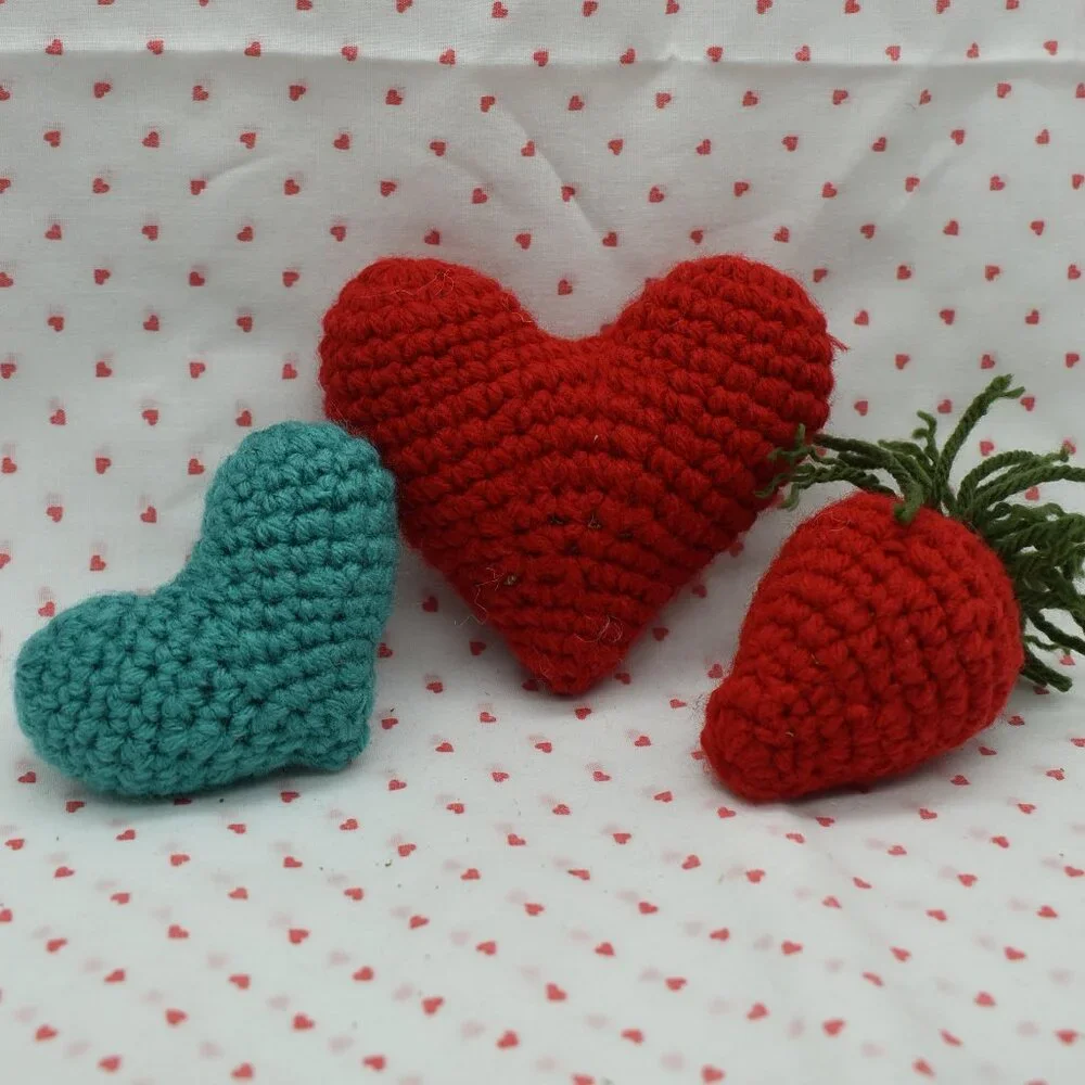 Crochet Catnip Hearts and Strawberry Valentines Day Cat Toys Bundle HANDCRAFTED